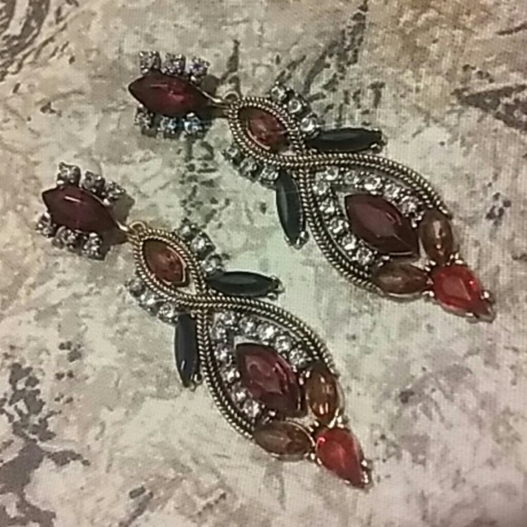 Chandelier Earrings Red Orange Crystal Rhinestone Vintage Glam Statement Pierced - Picture 3 of 5